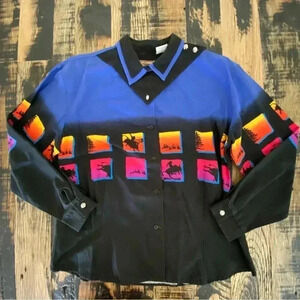 Vintage 80s Roper Bandana Button Up Black Shirt Vibrant Rodeo Scene Woman’s XL